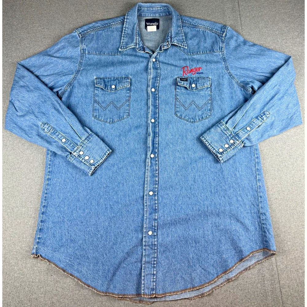 Wrangler Ranger Boats Denim Western Shirt Mens 2XLT Tall Pearl Snap Embroidered